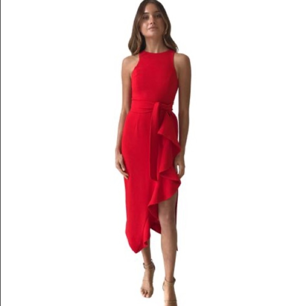 Shona Joy Red Midi Dress with ruffle slit